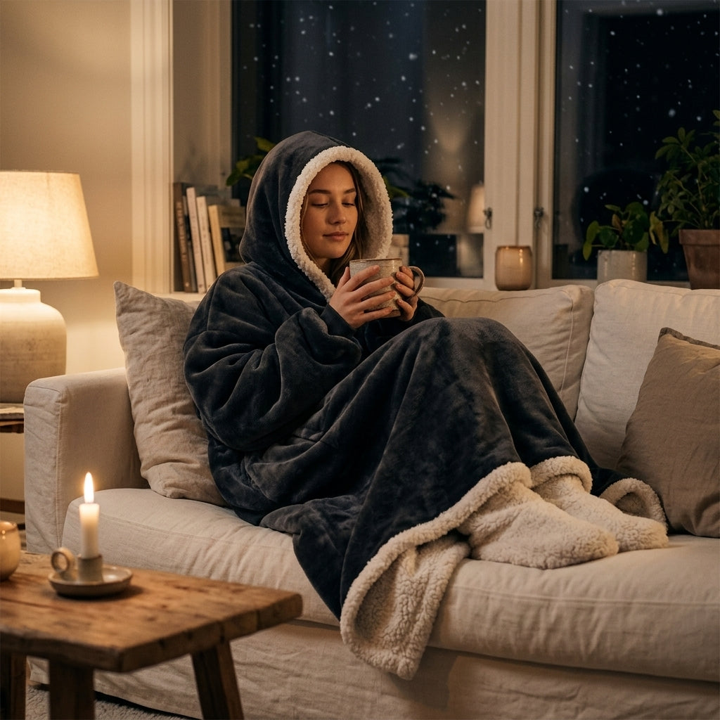 Varmekåpe i sofaen en vinterkveld